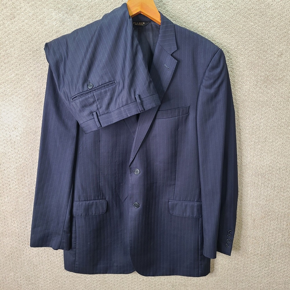 Jos A Bank Suit Men 44XL Blue Striped Tailored Fit 2 Piece Wool Flat Front 39x33
